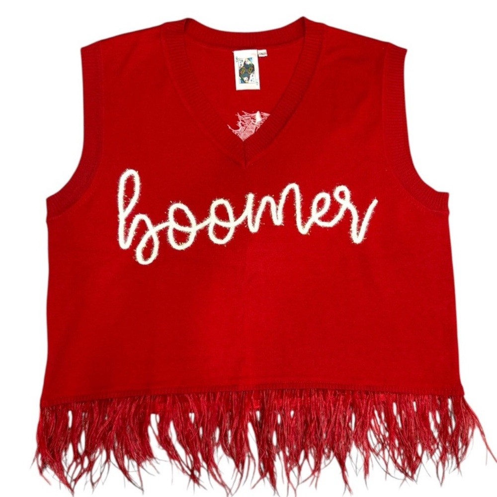 QUEEN OF SPARKLES “Boomer” Red Sweater with feather Fringe